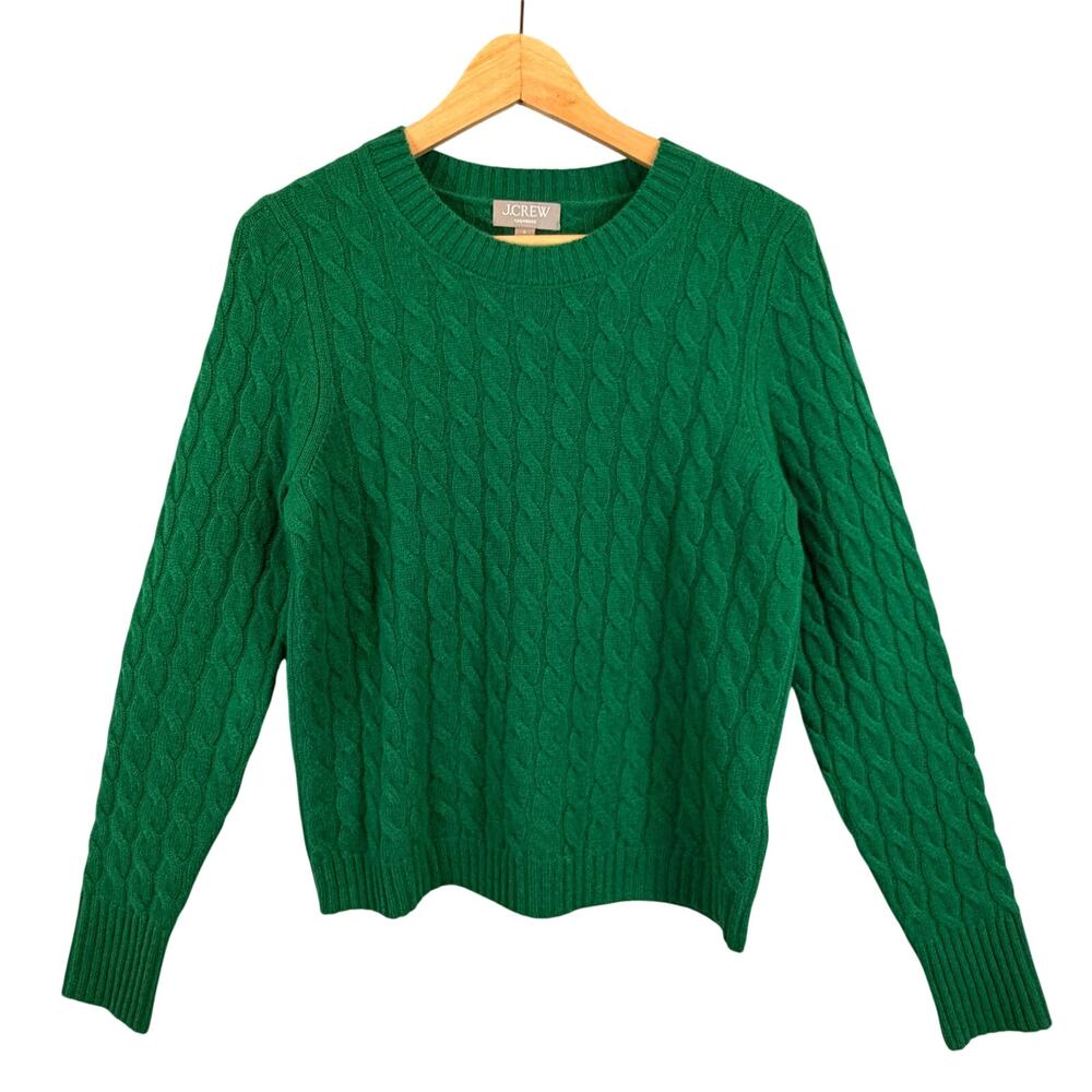 100% Cashmere J.Crew Emerald Green Cable Knit Crewneck Sweater Size Small